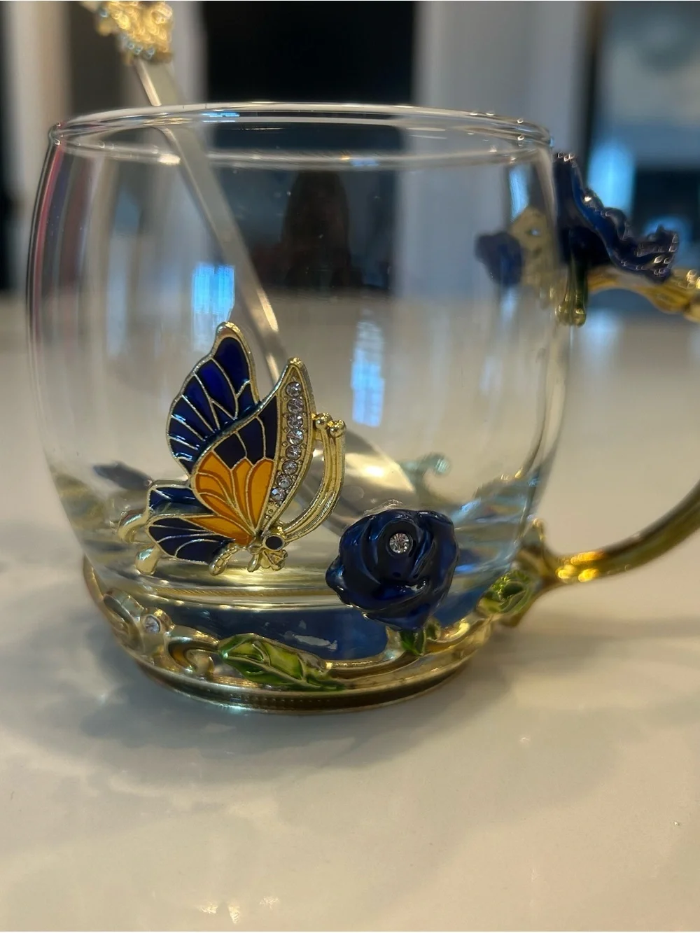 Blue Rose Glass Teacup with Gold Handle and Spoon